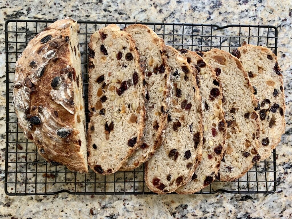 Sliced No Knead Fruits and Nuts Artisan Bread