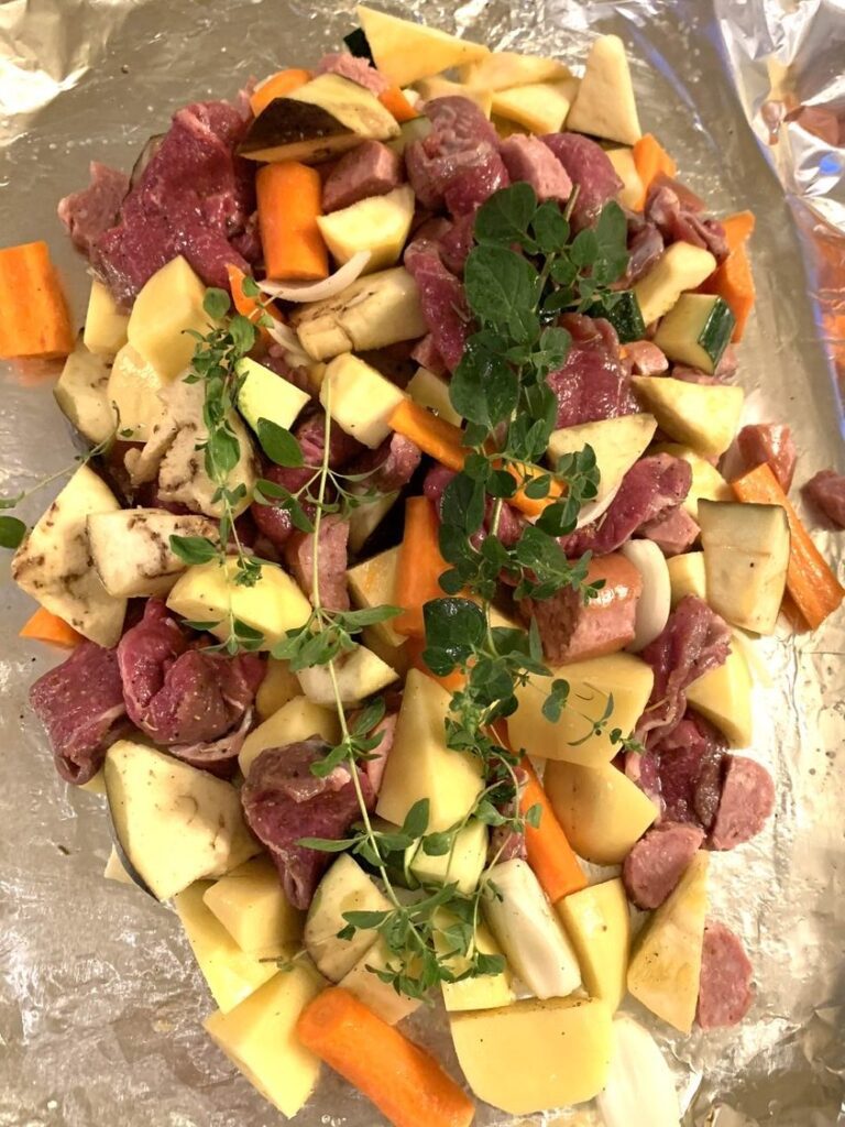 Variation with lamb meat, salami and squash