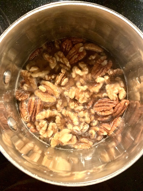 Making candied nuts for Carrot & Cardamom Cake